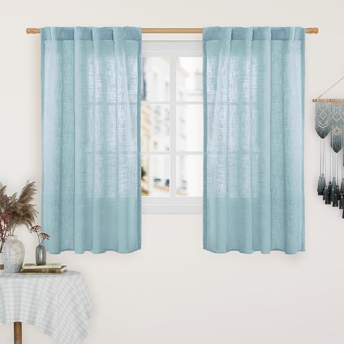 Linen Curtains 48 Inch Length Semi Sheer Light Filtering 2 Panels | Linen Textured Panels, Country Decor, Kitchen, Window, Loft Room, Bedroom, Rod Pocket Back Tab, 34 x 48 Inch, Stone Blue
