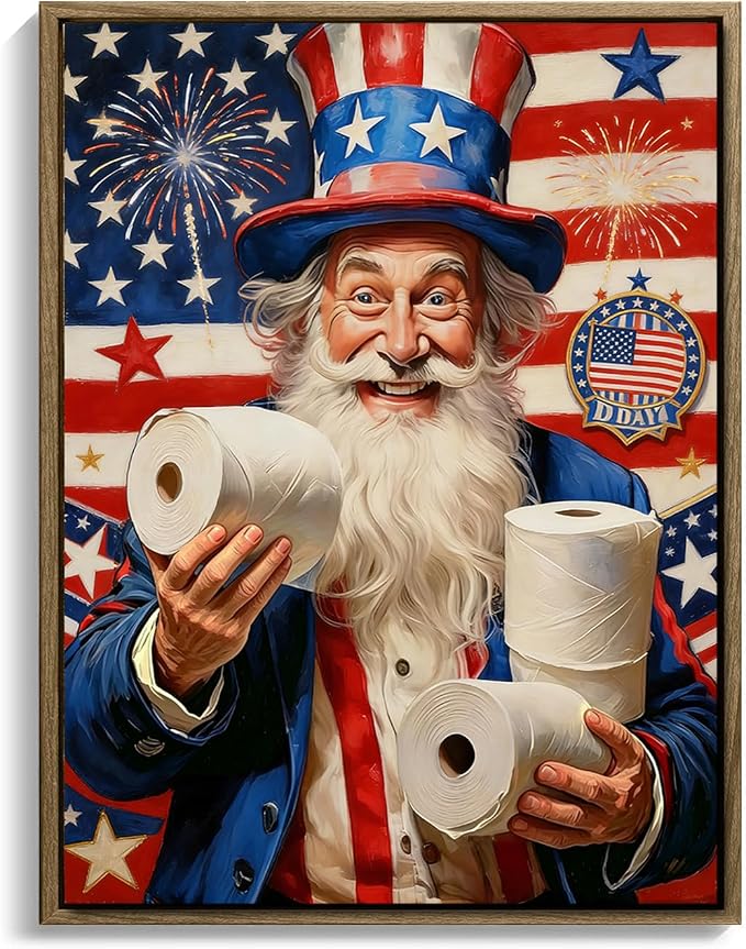 American Flag Framed Canvas Wall Art, 4th of July Patriotic Canvas Prints | Humorous Uncle Sam Toilet Paper Poster Print, Independence Day Wall Decor for Bedroom Bathroom Living Room 11×14in