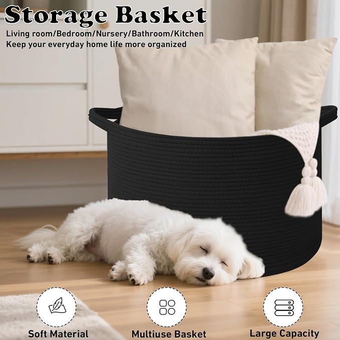 90L Extra Large Blanket Basket,Woven Rope Laundry Basket-Black | Collapsible, reinforced handles, nursery storage bin organizes clothes, toys and pillows for living room, bedroom bathroom