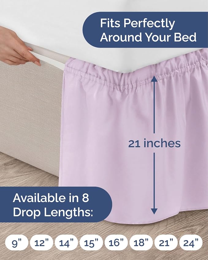 Wrap Around Dust Ruffle Bed Skirt - Light Lavender - for Twin Size Beds w/ 21 Inch Drop - Easy Fit Elastic Strap - Adjustable Pleated Bedskirt Brushed Fabric - Wrinkle Free - Women, Men, Kids & Teens