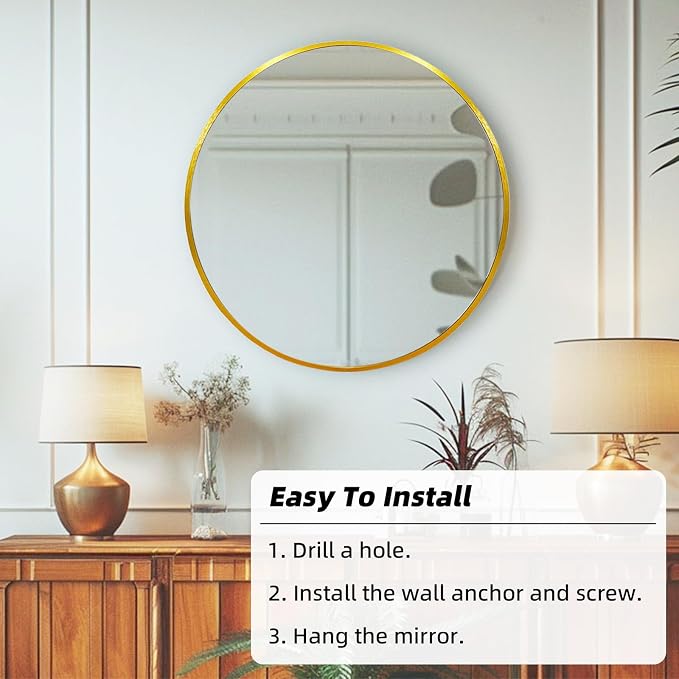Gold Round Mirror 18 inch, Circle Mirror, Brushed Gold Metal Frame | Small Circular Wall Decorative Mirrors for Bathroom, Kids Room, Nursery, Vanity, Bedroom, Entryway, Living Room, Golden,Brass