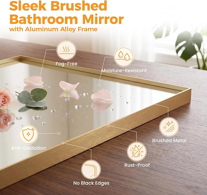 Bathroom Mirrors for Over Sink, 22" x 30" Rectangle Wall Mount Mirror with Metal Frame, Modern Vanity Mirror with Tempered Glass, for Home Decor, Anti-Rust, Gold