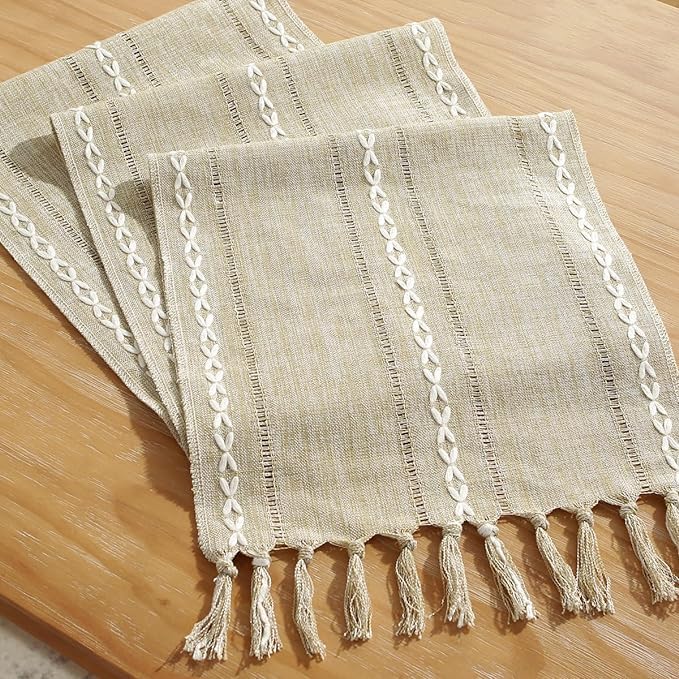 Wracra Rustic Linen Table Runner, Coffee Table Runners 48 inches Long | Raised Embroidered Hollow Design and Hand-Tassels;Cotton Linen Woven Fabric; Farmhouse Table Runner;Home Dining Decor