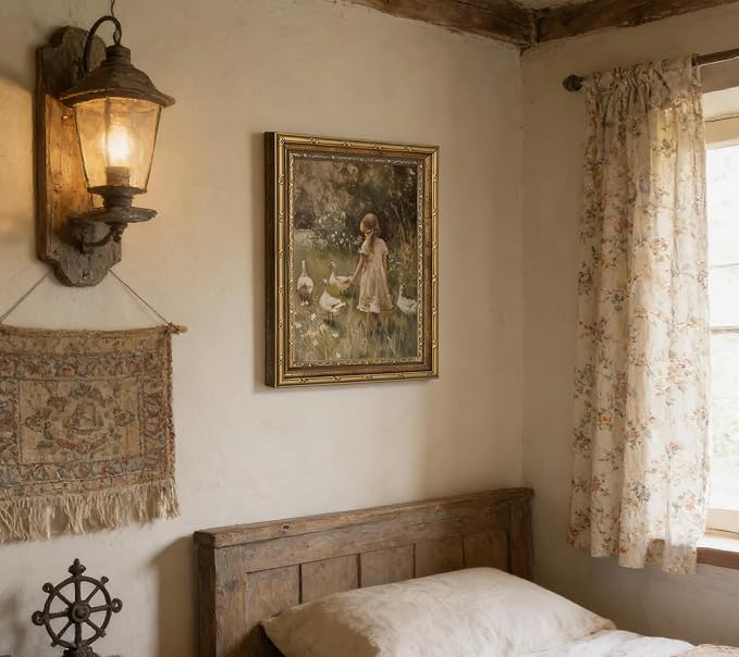 Vintage Gold Framed Canvas Wall Art Rural Goose Girl Painting Picture Cottagecore Print Poster Country Farmhouse Nature Wall Decor for Bedroom Bathroom Living Room Decoration 9x11in