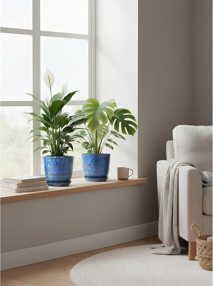 Gepege Ceramic Plant Pots, 6 Inch Indoor Planters with Drainage & Saucers | Ceramic pots for plants with drainage holes, ceramic saucers and mesh pads, ideal for flowers, herbs and succulents, set of 2