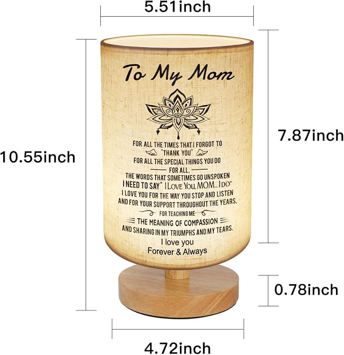 To My Mom Mother Day Birthday Gifts - Engraved Table Lamp, Dimmable Bedside Nightstand Lamp, Fabric Desk Lamp Shade Simple Night Light for Bedroom Living Room Office - Best Anniversary Christmas Gift