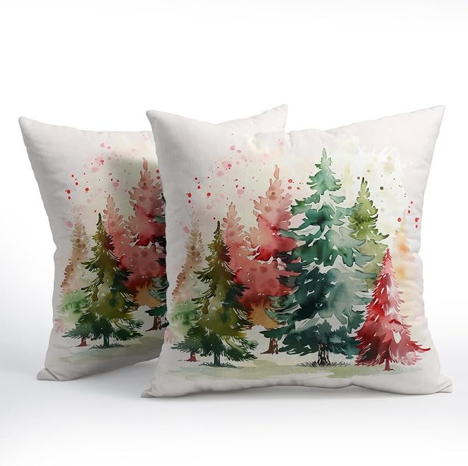 Christmas Tree Outdoor Throw Pillow Cover 18x18 Inch Set of 2 Winter Colorful Pine Tree Cushion Covers Xmas Holiday Theme Accent Pillowcase for Home Bedroom Sofa Patio