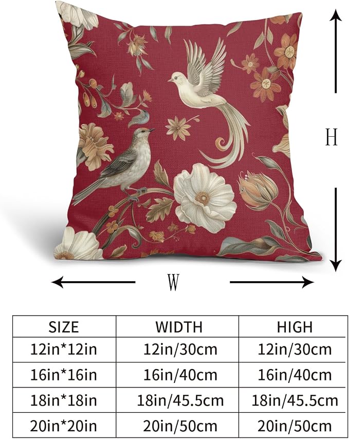 Kawani Vintage Floral Pillow Covers 20x20 Inch Set of 2 Red Chinoiserie Flower and Bird Outdoor Decorative Throw Pillows Retro Rustic Pillowcases Farmhouse Cushion Covers for Couch Home Decor