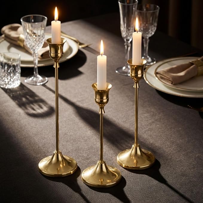 1 Sets Candle Holder Gold Candlestick Holders -Vintage Modern Metal Taper Candle Holders, Decorative Centerpiece for Table Mantel, Wedding Kitchen Home Decor, Wedding Gift,3Pcs