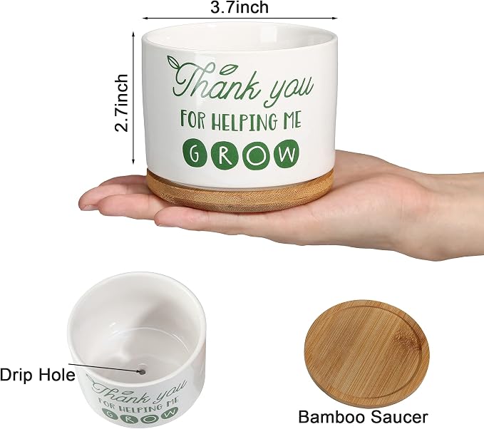 DOMG Teachers Appreciation Gift, Ceramic Succulent Plant Pot Small Flower Planter for Indoor Outdoor Use, Thank You for Helping Me Grow