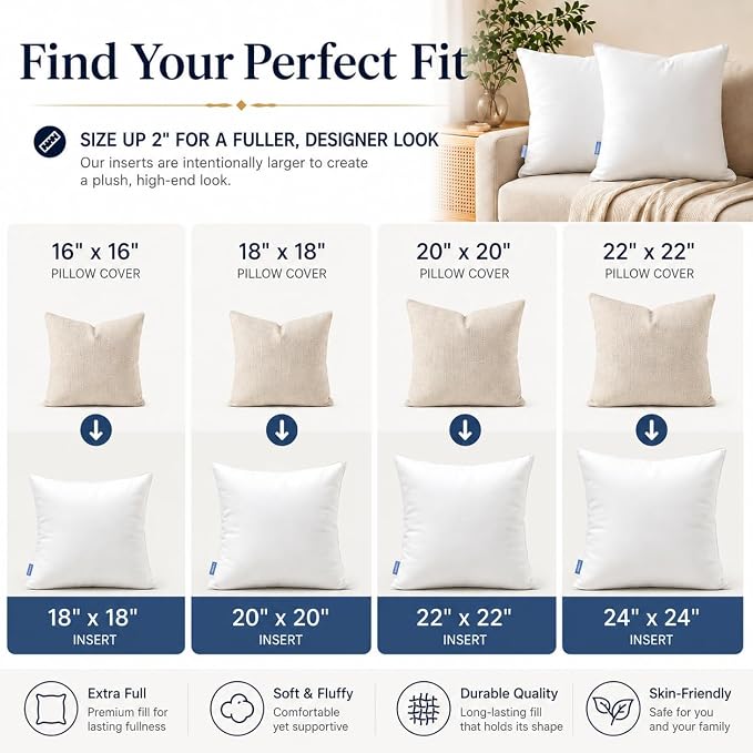 Leeden 14x22 Pillow Inserts Pack of 2, Fluffy Lumbar Throw Pillow Inserts, Soft Rectangle Decorative Throw Pillows for Sofa Bed White Pillows