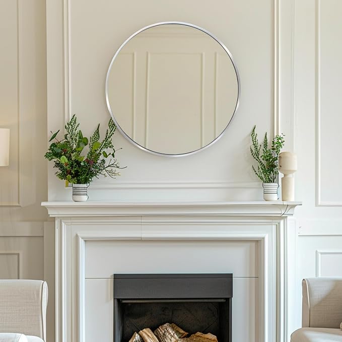 Silver Circle Mirror 22 inch, Round Mirror, Brushed Nickel, Chrome | Metal Frame, Circular Wall Mirrors for Bathroom, Bedroom, Entryway, Living Room, Hallway, Over Sink, Wall Decor,Vanity,Mantel
