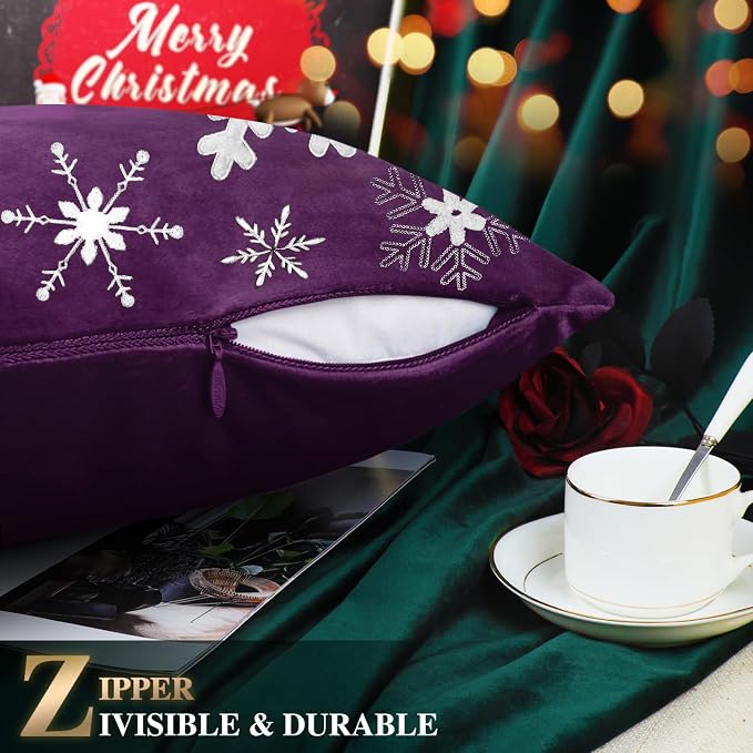 BRAWARM Christmas Pillow Cover 20 X 20 Inches, Purple Snowflake Embroidered Pillow Cover, Soft Velvet Decorative Throw Pillow for Couch Bed Sofa Living Room Home