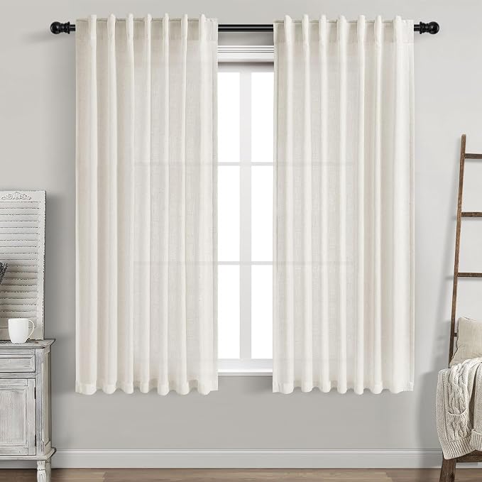 Cream Linen Curtains 68 Inches Long for Bedroom Back Tab Light Filtering Privacy Sheer Curtains Modern Farmhouse Coastal Decor Cotton Textured Gauze Curtain for Bathroom 2 Panel Set 52x68