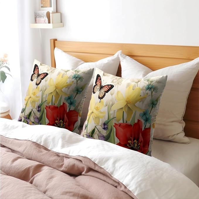 Spring Summer Flower Outdoor Decorative Pillow Covers 16x16 Inch Set of 2 Floral Butterfly Throw Pillows Spring Farmhouse Pillowcases Cotton Linen Cushion Covers for Couch Bed Sofa Chair Home Decor