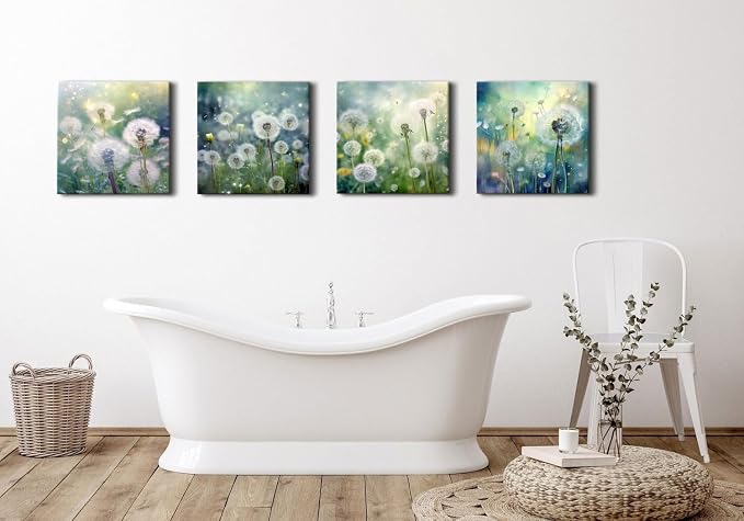 Teal Nature Dandelion Wall Art Bathroom Decor Colorful Modern Botanical Canvas Prints for Living Room Watercolor Dandelion Picture Country Flower Painting Bedroom Kitchen Home Decorations 20x20" 4 Pcs