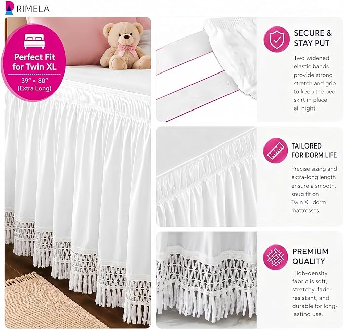 RIMELA Tassel Trim Dorm Bed Skirt Twin XL 36 Inch Drop, Wrap Around Elastic Dust Ruffle Easy to Install, Bedskirt Solid Silky Fabric Machine Washable, Bedroom Decor