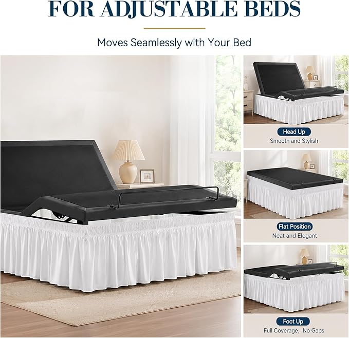 Vocander Queen Bed Skirt 12 Inch Drop, Elastic Wrap Dust Ruffle White | Hides Underbed Storage, No Mattress Lifting, Elastic Stays Put, Soft Fabric, Machine Washable, Polished Look