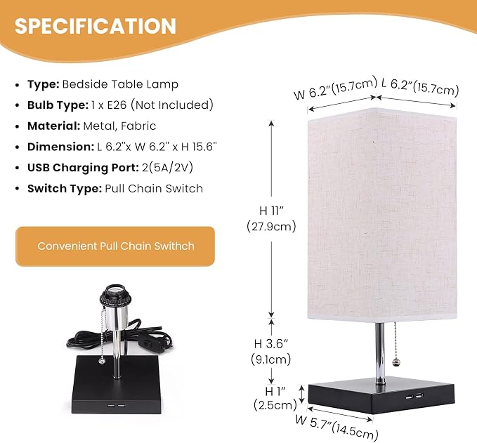 Siljoy Modern Table Lamp with 2 USB Charging Ports, Nightstand Bedside Desk Lamp with Beige Fabric Lampshade, Pull Chain Switch & Black Wooden Base, Ambient Light Beside Lamps for Bedroom, Living Room