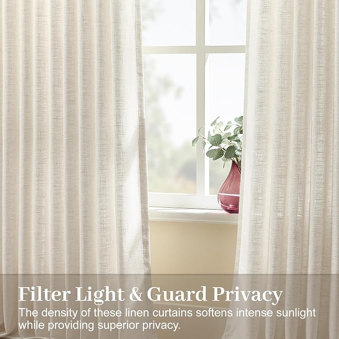 Pinch Pleated Linen Curtains 96 Inches Semi Sheer Light Filtering, 2 Panels | Pleat Curtain for Living Room, Memory Shape Linen Blend Curtains Floor to Ceiling, with Hooks Rings, Cream Beige Natural, W40