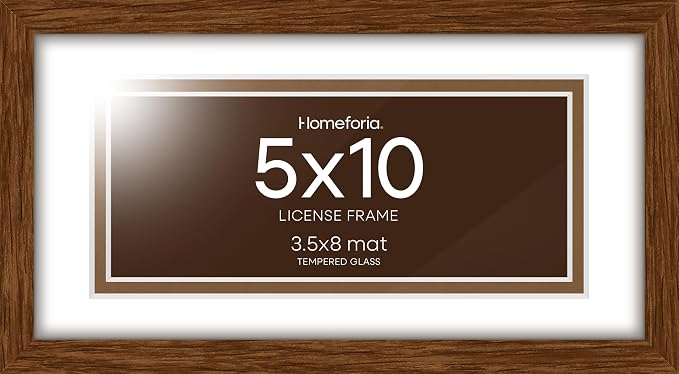 Homeforia 5x10 Brown Oak License Frame, High-End Wood, 3.5x8 Mat, Glass