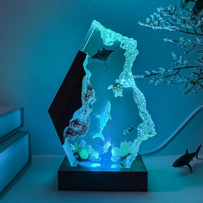 Handmade Shark Resin Ocean Lamp with Woodden Base
