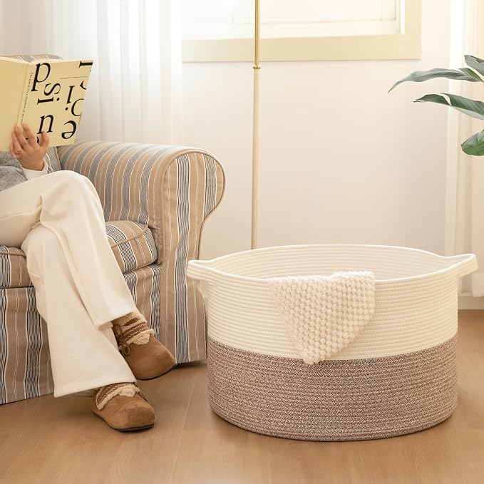 OIAHOMY 115L Extra Large Blanket Basket for Living Room, 23.6" x 15.4" Woven Cotton Rope Laundry Basket for Organizing Pillows, Decorative Stuffed Animal Toy Storage for Nursery, Black and Grey