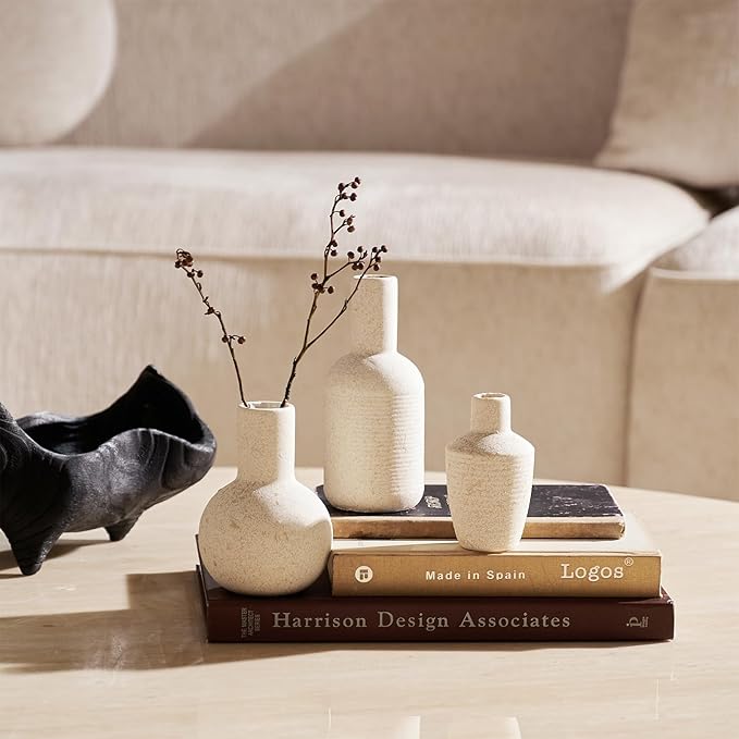 DN DECONATION Flower Vase Set of 3, Small Boho Vases for Table Home Decor | Rustic Farmhouse, Ceramic Vase for Pampas Grass, Dried Fresh Flowers, Modern Decorative Vases for Living Room, Bedroom, Shelf