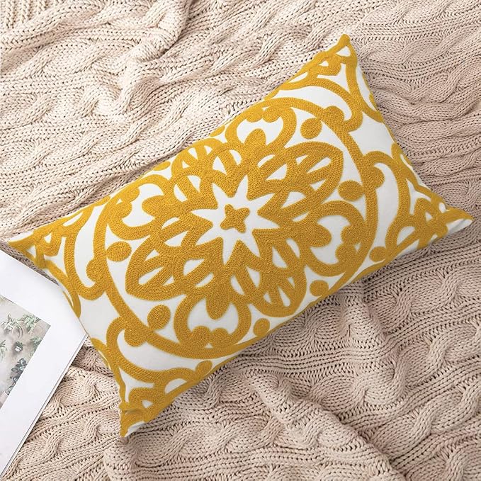 Alysheer Embroidered Lumbar Decorative Throw Pillow Cover 12"x 20", Classic Boho Mandala Embroidery Pattern Cotton Rectangular Cushion Case for Sofa Couch Living Room Bedroom(Mustard Yellow)