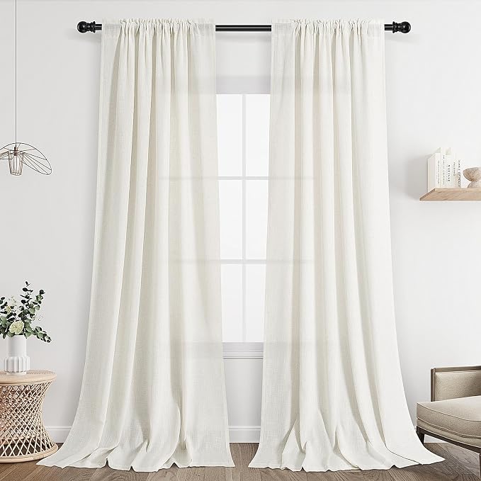 Linen Curtains 94 Inches Long for Living Room Natural Cream Semi Sheer Curtain Rod Pocket 2 Panels Set Boho Farmhouse Light Filtering Window Drapes for Bedroom Beige Ivory 52x94