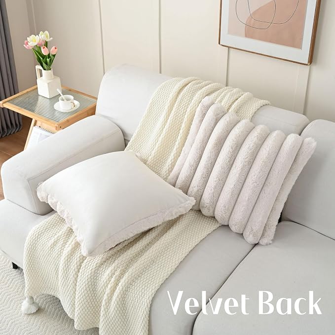 HAUSSY Pack of 2 Pillow Covers 20x20 Inch, Faux Fur Decorative Couch Throw Pillows Soft Striped Plush Cushion Covers Home Decor Cute Furry Pillowcase for Living Room Sofa Bed, Beige (Covers Only)