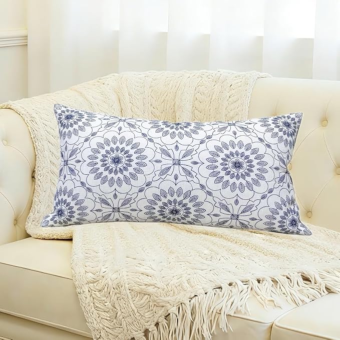 Slow Cow Embroidery Decorative Lumbar Throw Pillow Cover for Couch Sofa Bedroom Geometric Flower Pattern Cushion Cover 12 x 24 Inches Navy Blue