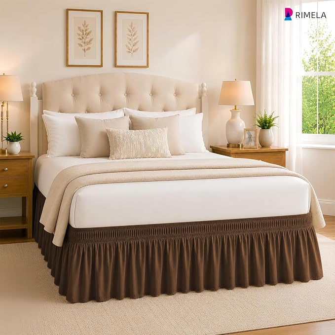Brown Bed Skirt King Size 18 Inch Drop, Elastic Wrap Around Bedskirt | Solid Ruffled, Easy to Use, No Mattress Lifting, Wrinkle & Fade Resistant, with Adhesive Strips, Machine Wash/Dry/Iron