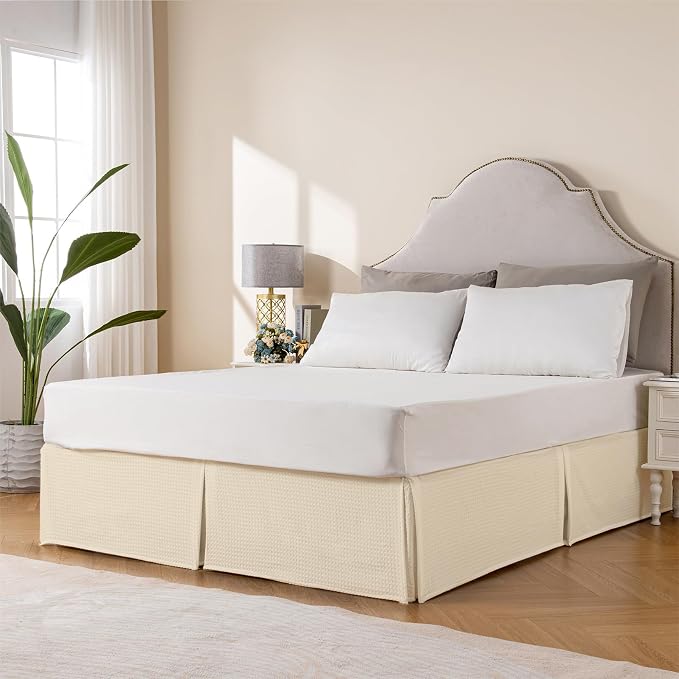 MIYE Pleated Waffle Weave Bed Skirt, Tailored Dust Ruffle 18 Inch Drop Easy Fit, Machine Washable,No Split Corners (Light Beige, Queen - 18" Drop)