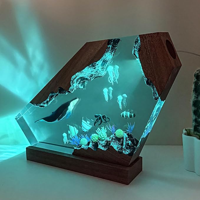 Handmade Blue Whale Resin Lamp with Wood Base