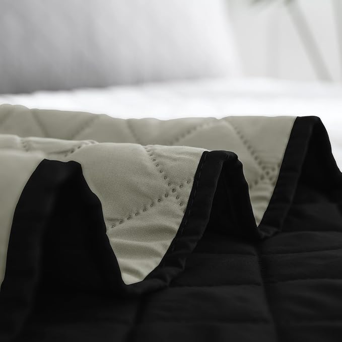 Easy-Going Reversible Quilt Set Twin, Bedspread with 1 Shams, Black/Beige | Machine Washable Lightweight Bed Comforter, 1 Quilt + 1 Pillow Shams, All Season Bed Coverlets for Bedroom