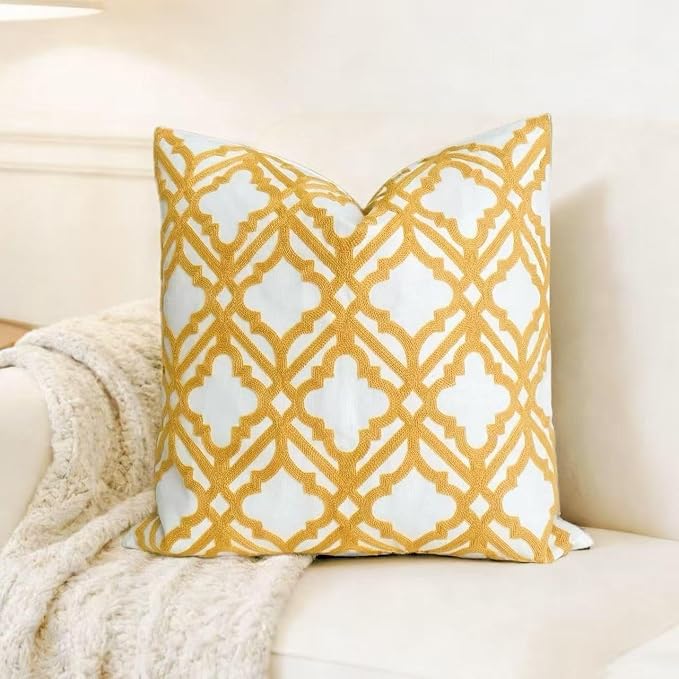 Slow Cow Embroidery Decorative Throw Pillow Cover for Couch Sofa Home Decor Modern Geometric Accent Pillow Cushion Cover 18 x 18 Inches Yellow