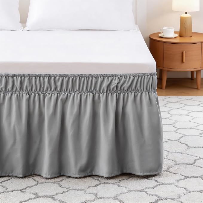 Vocander Grey Twin Bed Skirt 14 Inch Drop, Elastic Wrap Dust Ruffle | Hides Underbed Storage, No Mattress Lifting, Elastic Stays Put, Soft Fabric, Machine Washable, Polished Look