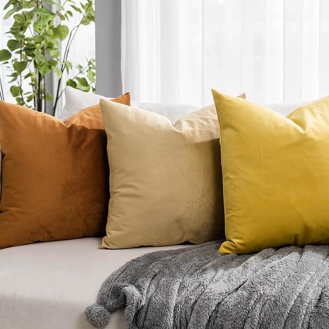 Khaki Soft Velvet Throw Pillow Covers 18x18 inch Set of 2 for Sofa Couch Bed Living Room Decorative Luxury Solid Square Cushion Covers Case with Zipper