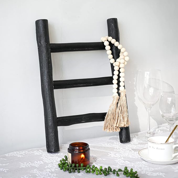 FUIN Tea Towel Ladder, Mini Rustic Solid Wood Decorative Ladder, Black | Farmhouse living room accent, Layered blanket towel quilt display, Visible wood grain, Bathroom and Bedroom use