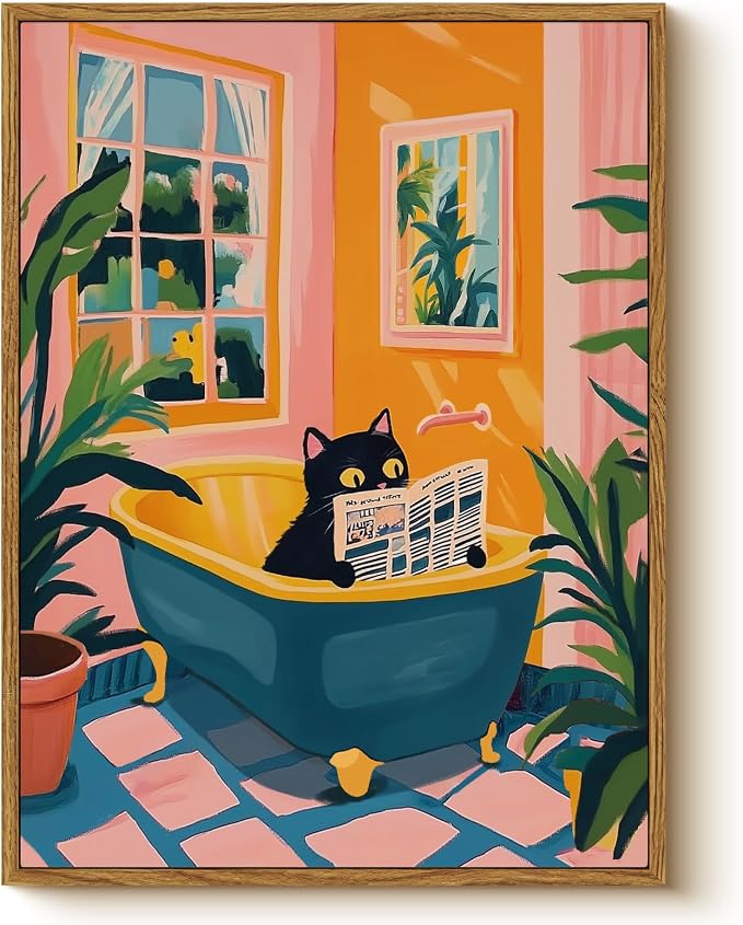 Black Cat Reading Newspaper in Bathtub 12x16 Framed Wall Art, Tub Scene, Lush Green Plants, Vintage Tiles Canvas Print, Bright Retro Whimsical Funny Bathroom Home Decor