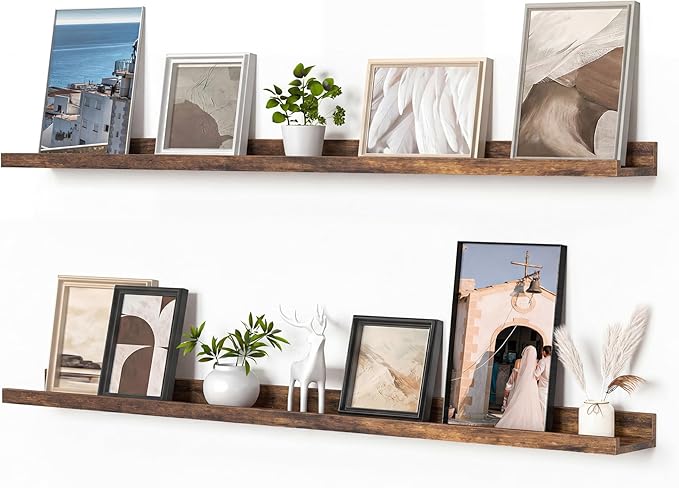 Heimlove Picture Ledge Shelf, Floating Shelves Set of 2, 47.24Inches Picture Shelf for Wall with Ledge, Kids Bookshelf Wall Mounted for Living Room Bedroom Decor Books Photo Frames - Rustic Brown