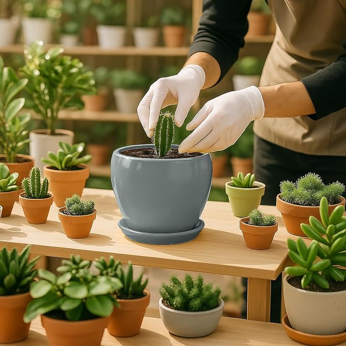 Deep Dream 6 Inch Plant Pots- Ceramic Planter Pot with Drainage Hole and Saucer, Round Flower Pot for Indoor Outdoor Succulent, Snake Plants and Cactus, Grey