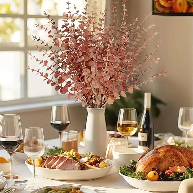 GnFlus 5 Pcs Artificial Eucalyptus Stems Fall Eucalyptus Leaves Autumn Leaf Branches Fall Decorations with Foam Fall Leaves for Home Floral Arrangement Autumn Festival Thanksgiving Decor Red