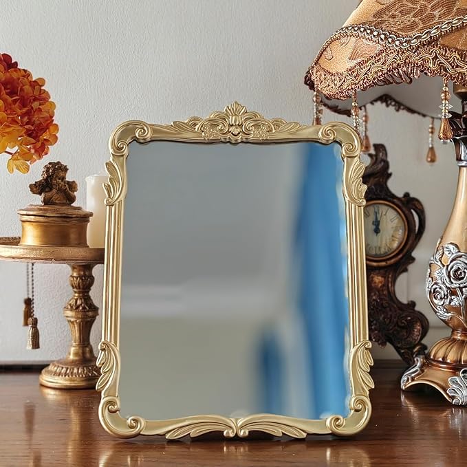 SIKOO 8x10 Inch Vintage Mirror, Decorative Wall Mirror,Makeup Mirror for Table,Antique Home Decor,Ornate Wall Art,Resin and Premium Glass, Gold