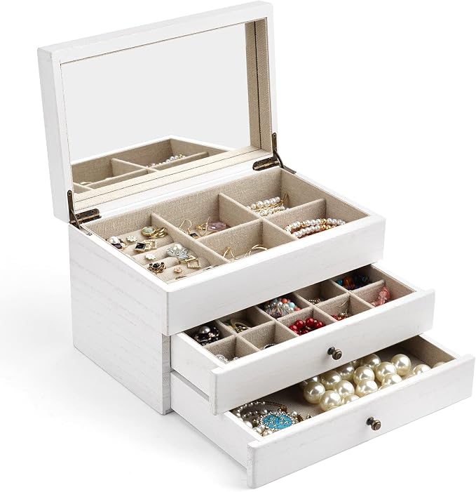 Meangood Jewelry Box Organizer for Women, 3 Layer Large Jewelry Storage Case, Rustic Wooden Jewelry Box with Mirror & Ring Tray for Necklace Earring Bracelets Rings, Vintage Style (White)