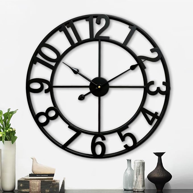 CLXEAST Silent 24 Inch Wall Clocks for Living Room Decor,Arabic Numeral | Non Ticking, Matt Black,Thicker Metal Wall Clock for Dinning Room,Entryway,Home Office & Fireplace Decor