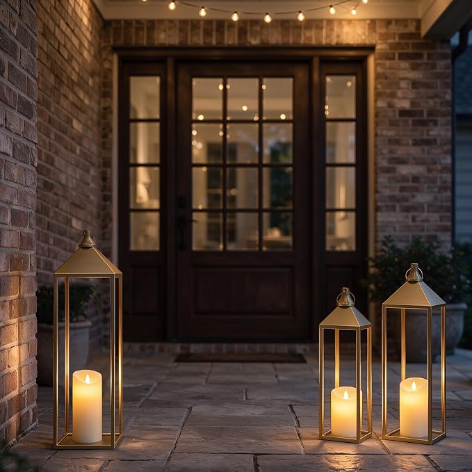 3 Pcs Large Gold Decorative Lanterns with Candles, Metal Candle Lantern | 22" 19" 17" Lanterns Decorative Outdoor Indoor for Covered Porch Patio Fireplace Mantel, Floor, Fall, Festival, No Glass