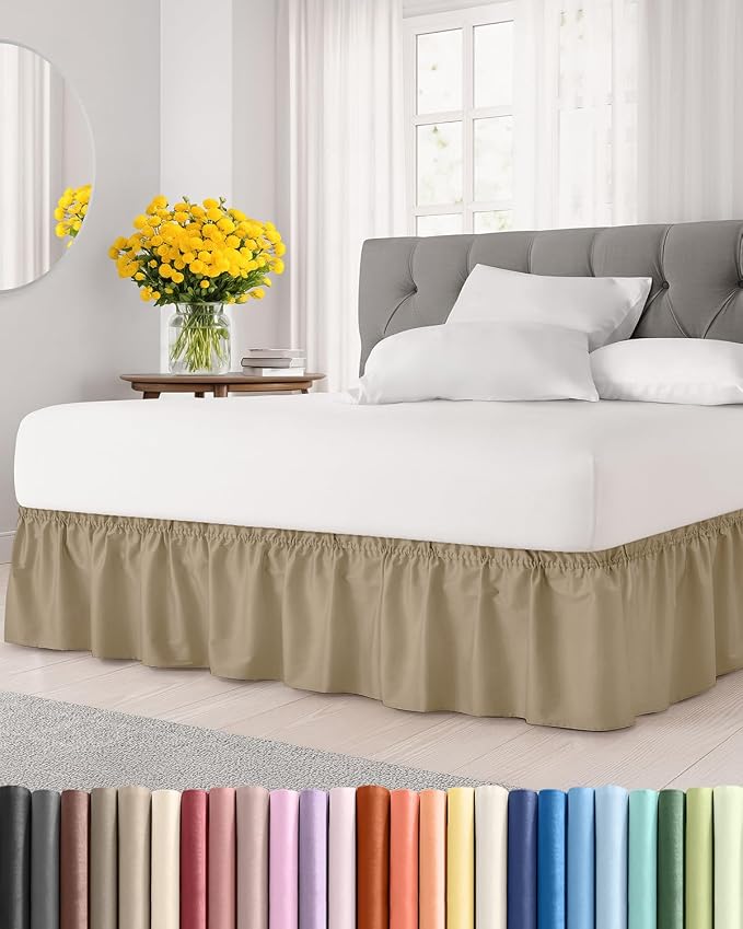 Wrap Around Dust Ruffle Bed Skirt - Beige - for Twin Size Beds w/ 9" Inch Drop - Easy Fit Elastic Strap - Adjustable Pleated Bedskirt w/Brushed Fabric - Wrinkle & Fade Free - Women, Men, Kids & Teens