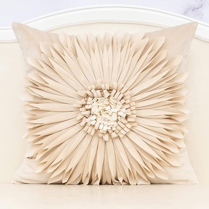 Alerfa 3D Flower Handmade Throw Pillow Cover Decorative Beige Velvet Pillowcase Cushion Cover with Hidden Zipper for Couch Bed Living Room Home Decor 18 x 18 Inches